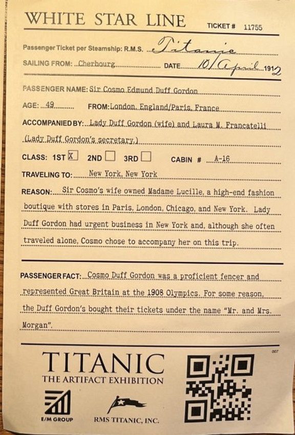 Titanic Ticket Duff Gordon